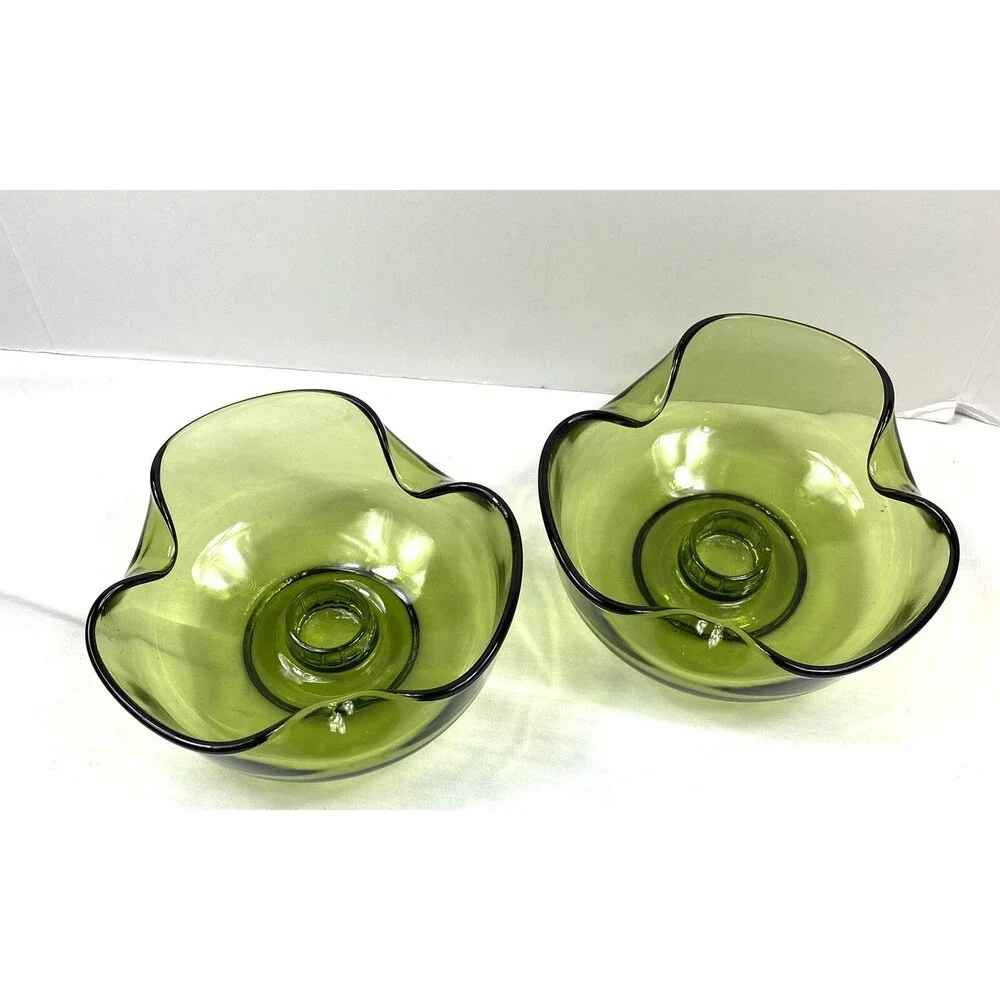 2 Vintage MCM Viking Glass Folded Candlestick Holders Green